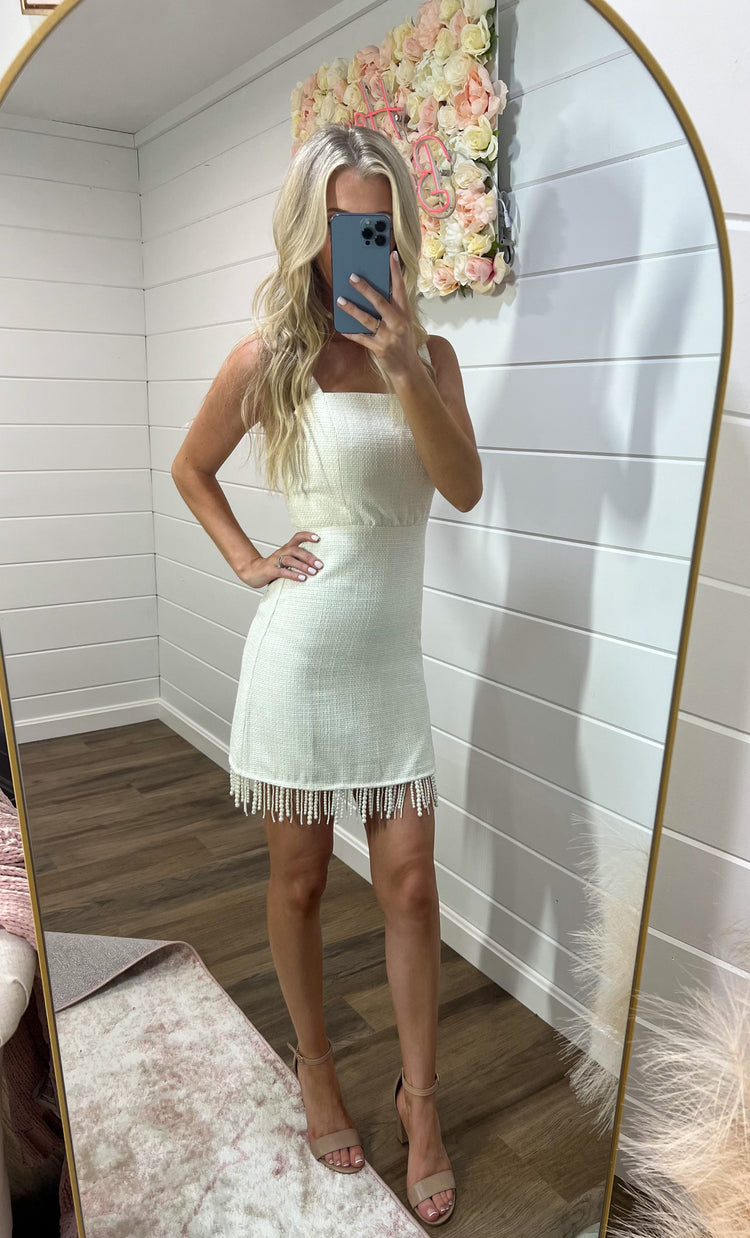 PEARL FRINGED TWEED SLEEVELESS MINI DRESS