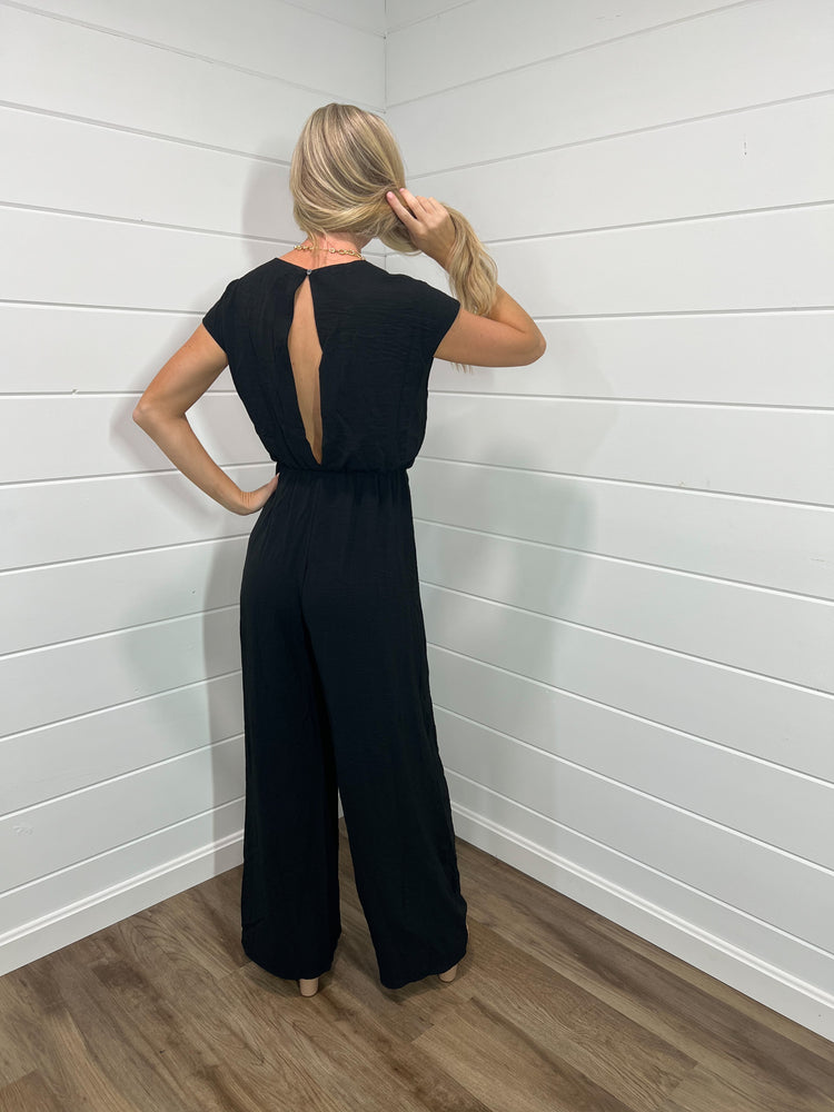 Short Sleeve Tie Black Jumpsuit