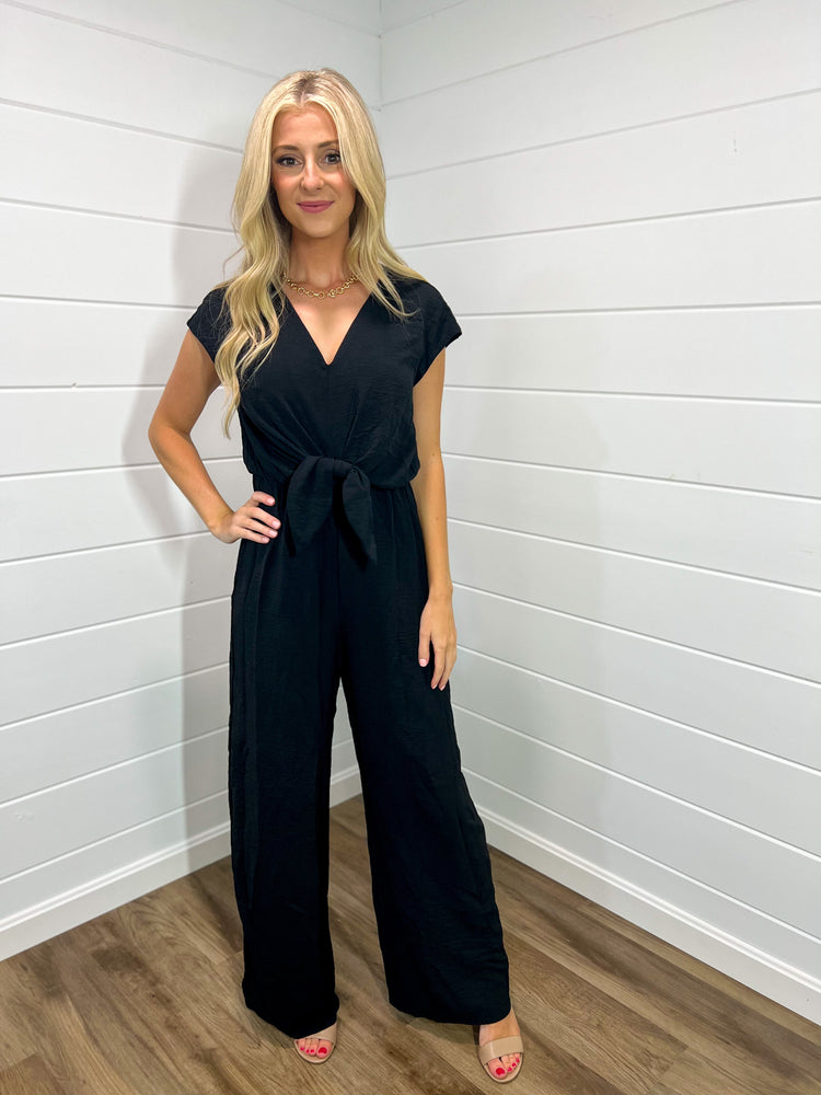 Short Sleeve Tie Black Jumpsuit