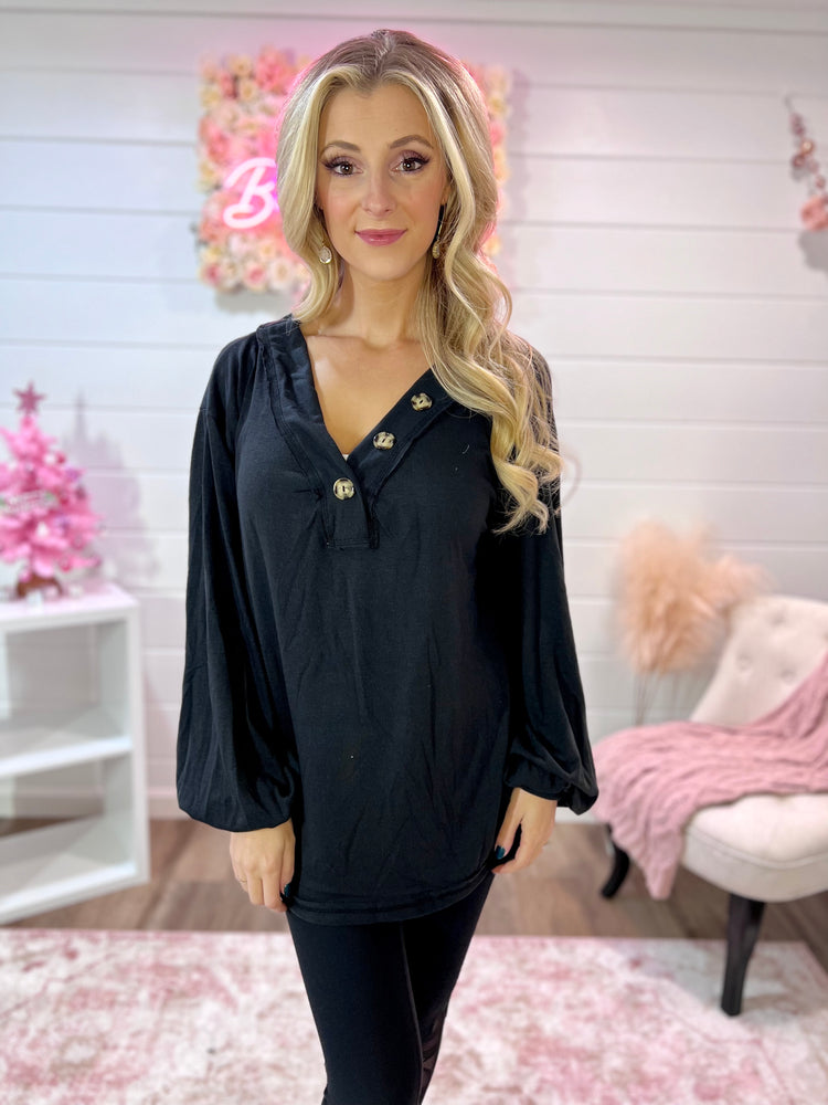 Button V Neck Long Sleeve