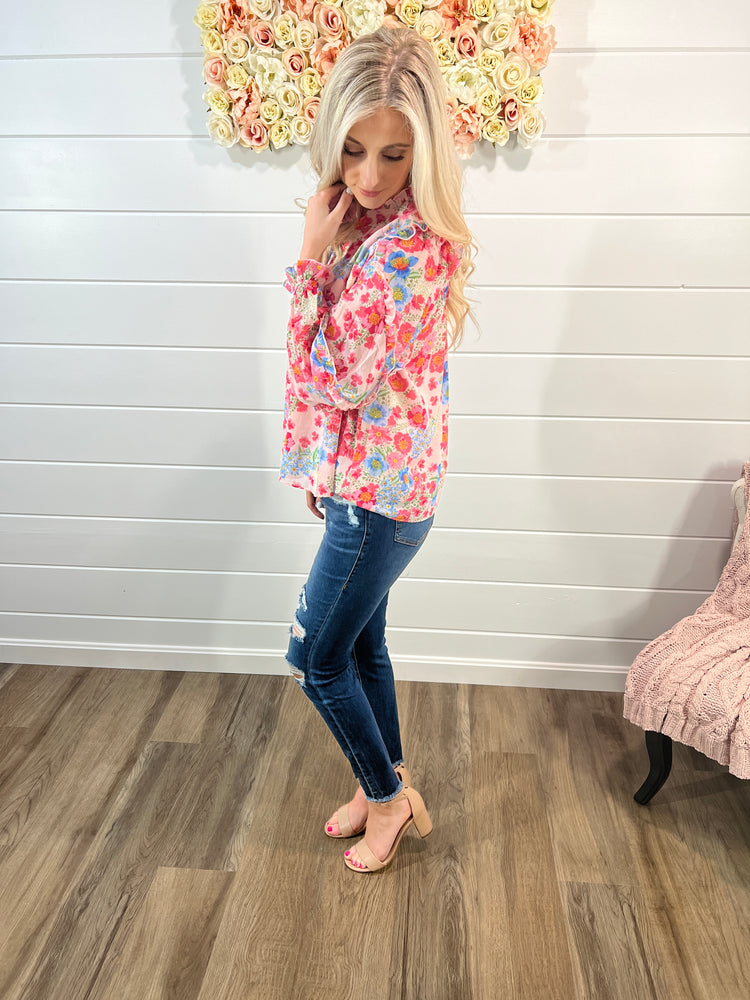 Macaron Floral Raj Ruffle Balloon Sleeve Blouse