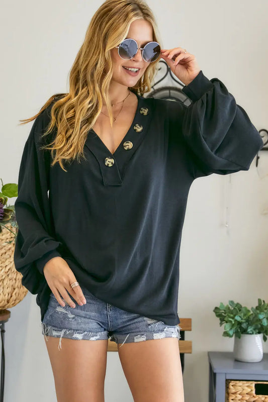 Button V Neck Long Sleeve